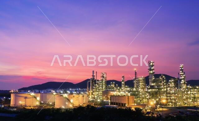 Aerial view drone of oil storage tank with oil refinery factory industrial. Oil refinery plant at beautiful sky sunset and twilight. industry factory