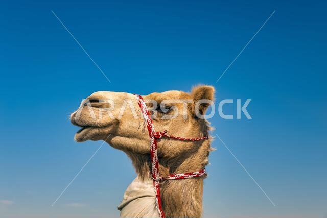 صورة مقربة لرأس جمل في الصحراء.