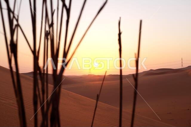 شروق شمس ساطع على الكثبان الرملية الحمراء لصحراء الدهناء في الرياض، المملكة العربية السعودية. بدايات جديدة، رمز للأمل ومستقبل أكثر إشراقاً.