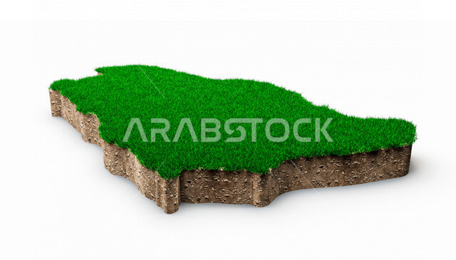 قطعه من الارض على شكل خريطة المملكة العربية السعودية ، مجسم لخريطة ثلاثية الأبعاد ، خلفية بيضاء ، خريطة المملكة العربية السعودية بالعشب الأخضر ، رسم توضيحي ثلاثي الأبعاد