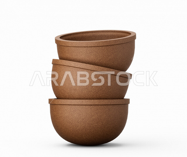 مجموعه من أطباق فخارية شعبية ثلاثية الأبعاد ، تراثيات وشعبيات ، أواني فخارية مصنوعة من الطين ، شعبيات سعودية ،  صناعة يدوية ، قدر الطين ، خلفية بيضاء ، رسم توضيحي ثلاثي الأبعاد