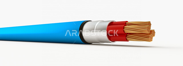 أسلاك ومفاتيح كهربائية ثلاثية الأبعاد ، كبل الطاقة ، الأسلاك النحاسية ، أدوات ومعدات إلكترونية، الهندسة الكهربائية ، خلفية بيضاء ، رسم توضيحي ثلاثي الأبعاد