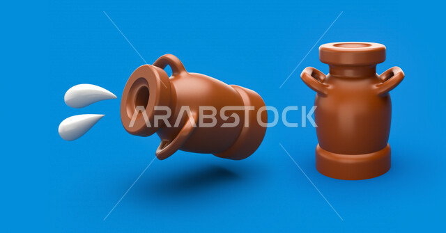 شوكولاته بنيه على شكل دلو حليب مع قطرات دفقه من الحليب الأبيض ثلاثية الأبعاد ، خلفية ملونة ، رسم توضيحي ثلاثي لأبعاد