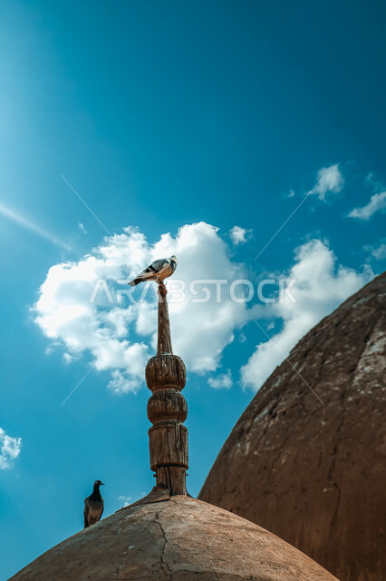 صورة لطائر يقف على رأس قبة إحدى المساجد ، معالم دينية إسلامية ، الغيوم والسحب البيضاء في السماء