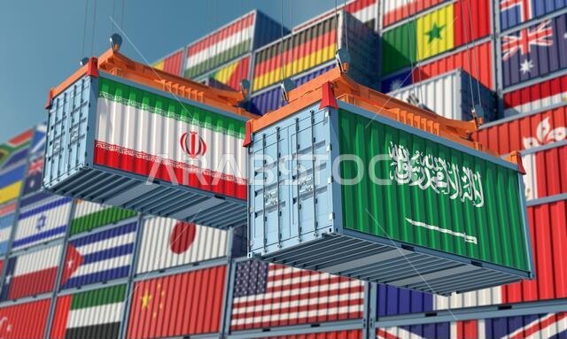 حاويات شحن تحمل علمي إيران والسعودية. تصميم ثلاثي الأبعاد