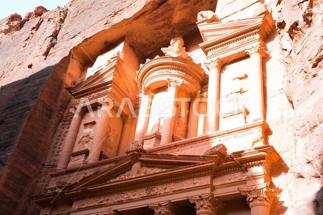 Beautiful landscape view Al Khazneh - the treasury, ancient city of Petra, Jordan. Is one of the most elaborate temples