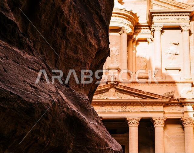 Beautiful landscape view Al Khazneh - the treasury, ancient city of Petra, Jordan. This structure was carved out of a sandstone rock face.  Wonderful