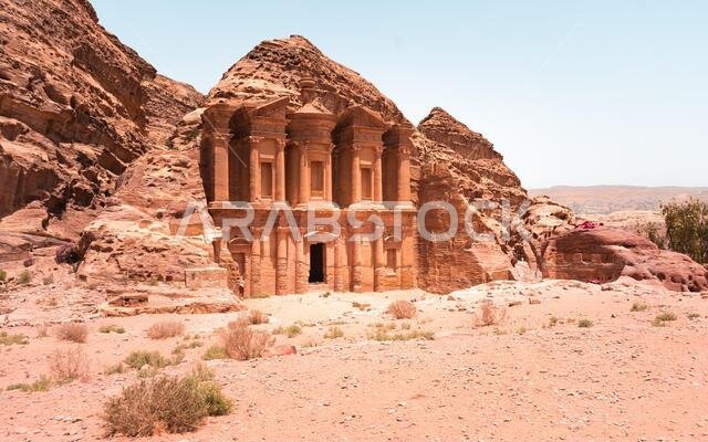 Beautiful landscape view monastery or Ad Deir, and the monumental building carved out of the rock in the ancient city of Petra