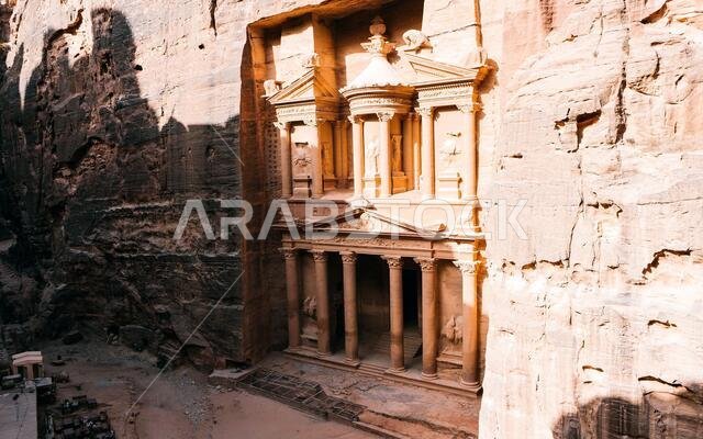 Beautiful landscape view Al Khazneh - the treasury, ancient city of Petra, Jordan. This structure was carved out of a sandstone rock face.  Wonderful