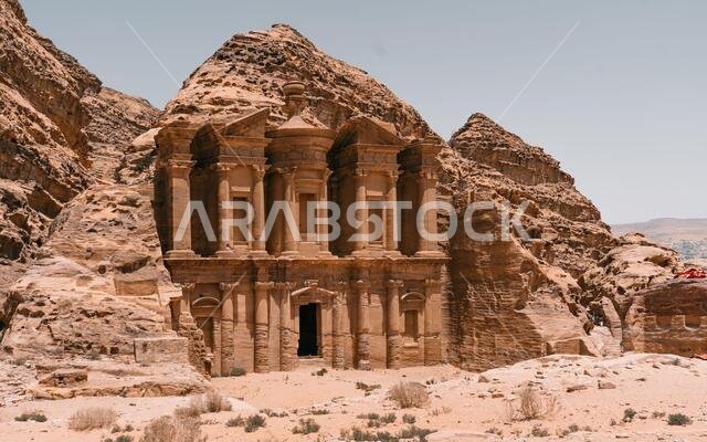 Beautiful landscape view monastery or Ad Deir, and the monumental building carved out of the rock in the ancient city of Petra,