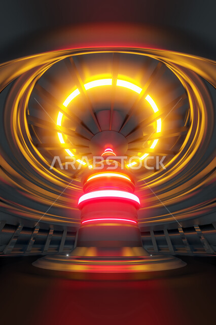 مصدر طاقة جديد في مدينة مستقبلية مبنى محطة طاقة ، مفاعل خيال علمي متوهج مشرق ، تصوير ثلاثي الأبعار