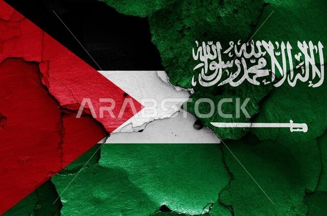 أعلام فلسطين والسعودية مرسومة على جدار متصدع
