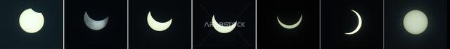 Beawar, Rajasthan, India, June 21, 2020: Combo picture shows various phases of the solar eclipse as seen in the sky from Beawar. A solar eclipse occurs when the moon comes in between the earth and the sun and when all the three bodies are aligned. Today's eclipse appeared in Saudi Arabia, Qatar, United Arab Emirates, Oman, India, Sri Lanka, Malaysia, Indonesia, Singapore, Northern Mariana Islands and Guam. Credit: Sumit Saraswat/Alamy Live News