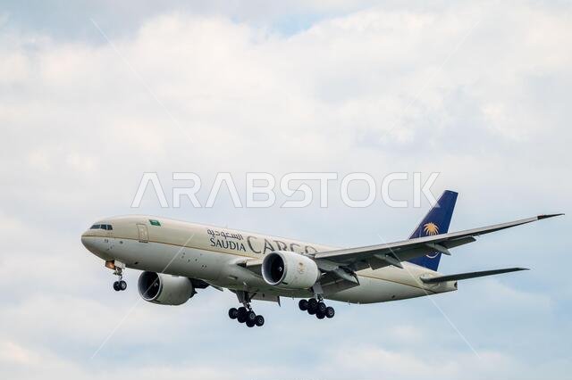 Saudi, Saudia Arabia national airline, Boeing 777F cargo airplane on approach to land