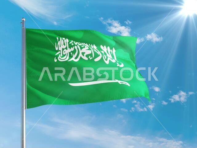 Saudi Arabia national flag waving in the wind against deep blue sky. High quality fabric. International relations concept.
