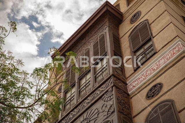 Historic City of Jeddah,Nasif Historic House, in a cloudy skyold house . Saudi Heritage.