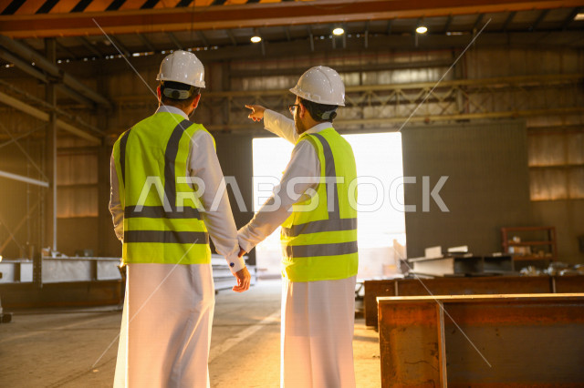 مهندسان صناعيان عربيان خليجيان سعوديان شركاء في مصنع الحديد ، احدهم يؤشر بيده للالات والعملية الانتاجية  ، اماكن الانتاج المستقبليه ، مفهوم الهندسة والصناعة