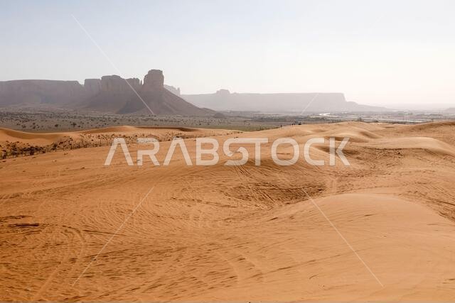 Red sand dunes called Red Sands south of Riyadh. You can see the lanes of quads because the dunes are a popular destination for people to drive around