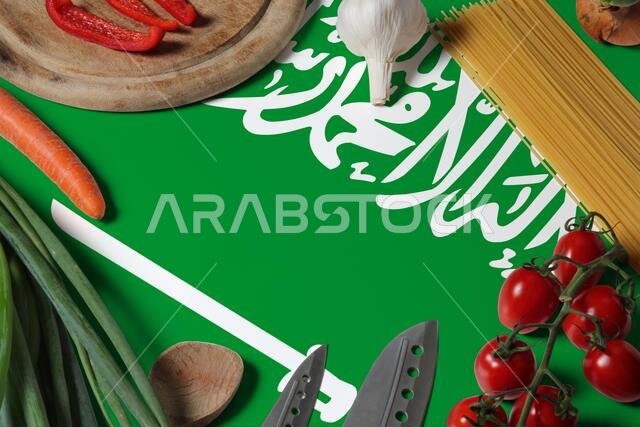 علم المملكة العربية السعودية موضوع على طاولة خشبية تحمل صورة خضراوات طازجة وسكين. مفهوم الطبخ مع خلفية تحضير الطعام.