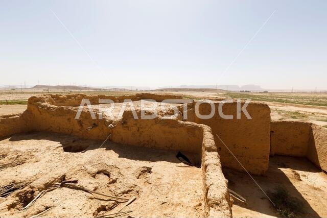 Abandoned houses in the traditional construction of Arabic adobe architecture in Qusur al Muqbil near Riyadh in Saudi Arabia