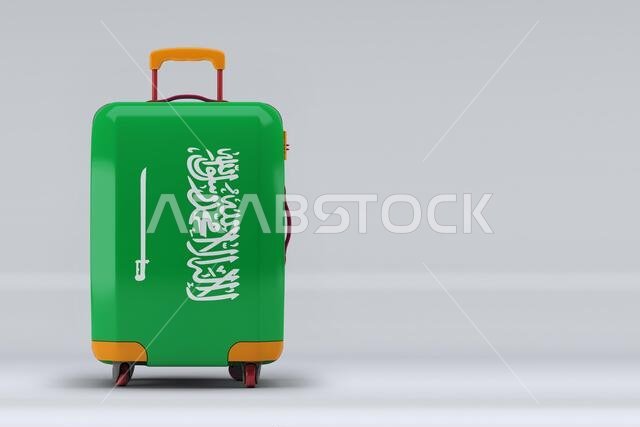 Saudi Arabia national flag on a stylish suitcases on color background. Space for text. International travel and tourism concept. 3D rendering.