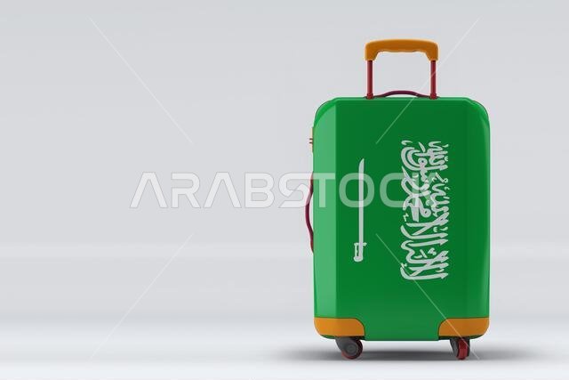 Saudi Arabia flag on a stylish suitcases back view on color background. Space for text. International travel and tourism concept. 3D rendering.