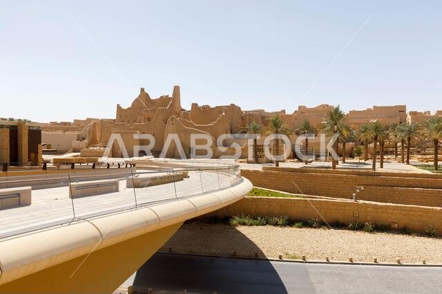 Riad, Saudi Arabia, February 14 2020: Pedestrian bridge to the historic district Al-Diraiyah of Riyadh in Saudi Arabia