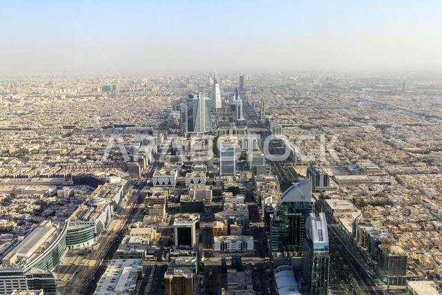 Riad, Saudi Arabia, February 14 2020: Aerial view of Riyadh downtown in Saudi Arabia. Photos were taken from the Skybridge in the Kingdom Tower