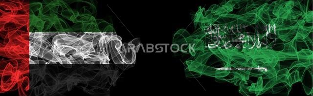 Flags of UAE and Saudi Arabia on Black background, UAE vs Saudi Arabia Smoke Flags