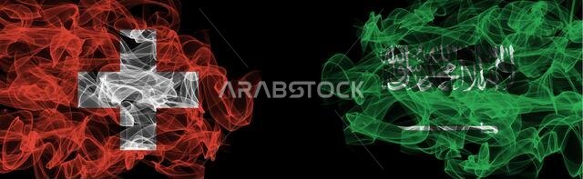 Flags of Switzerland and Saudi Arabia on Black background, Switzerland vs Saudi Arabia Smoke Flags