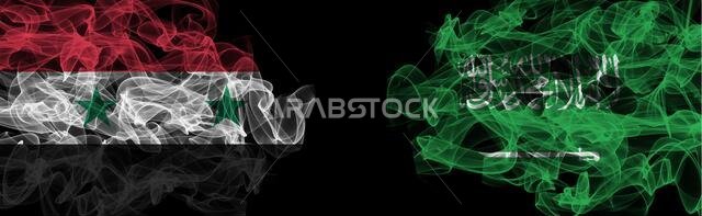 أعلام سوريا والسعودية على خلفية سوداء، أعلام دخان سوريا ضد السعودية