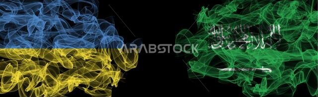 Flags of Ukraine and Saudi Arabia on Black background, Ukraine vs Saudi Arabia Smoke Flags