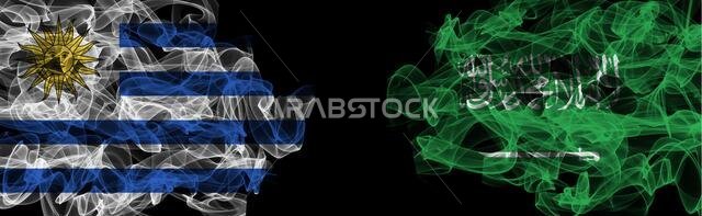 Flags of Uruguay and Saudi Arabia on Black background, Uruguay vs Saudi Arabia Smoke Flags