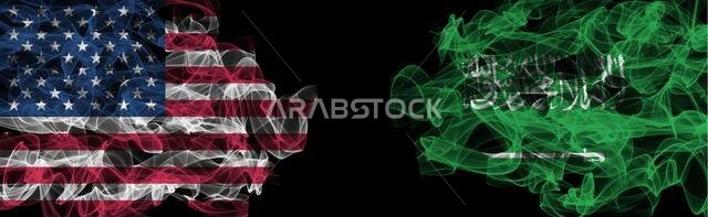 Flags of USA and Saudi Arabia on Black background, USA vs Saudi Arabia Smoke Flags
