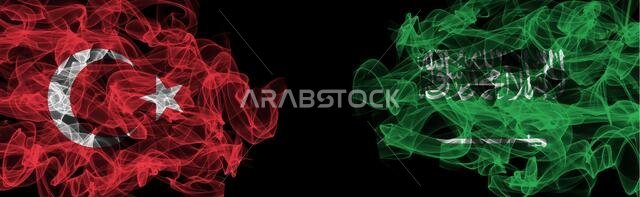 Flags of Turkey and Saudi Arabia on Black background, Turkey vs Saudi Arabia Smoke Flags