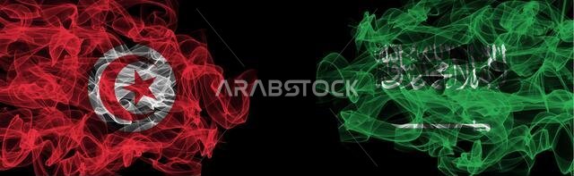 Flags of Tunisia and Saudi Arabia on Black background, Tunisia vs Saudi Arabia Smoke Flags