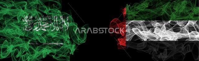 أعلام المملكة العربية السعودية والإمارات العربية المتحدة على خلفية سوداء، المملكة العربية السعودية ضد الإمارات العربية المتحدة، أعلام الدخان