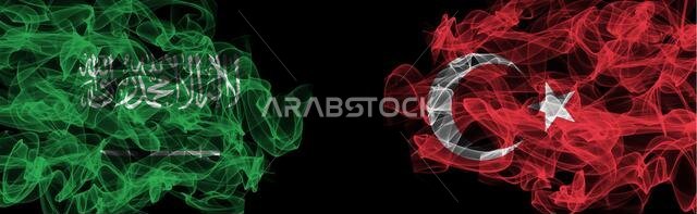 Flags of Saudi Arabia and Turkey on Black background, Saudi Arabia vs Turkey Smoke Flags