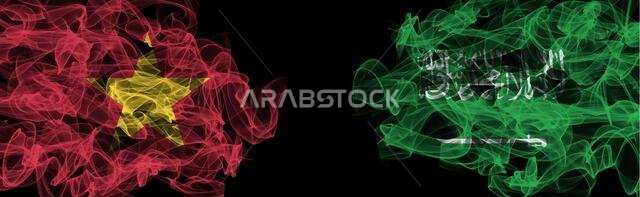 Flags of Vietnam and Saudi Arabia on Black background, Vietnam vs Saudi Arabia Smoke Flags