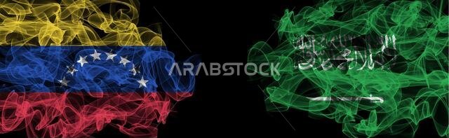 Flags of Venezuela and Saudi Arabia on Black background, Venezuela vs Saudi Arabia Smoke Flags