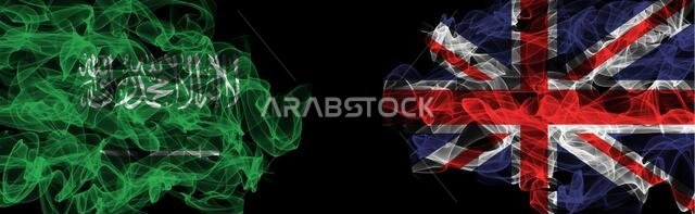 Flags of Saudi Arabia and United Kingdom on Black background, Saudi Arabia vs United Kingdom Smoke Flags