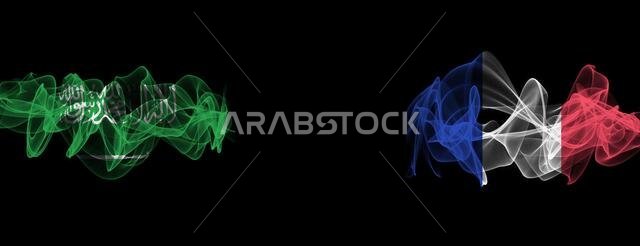 Flags of Saudi Arabia and France on Black background, Saudi Arabia vs France Smoke Flags