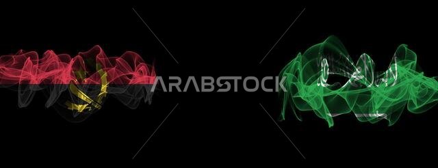 Flags of Angola and Saudi Arabia on Black background, Angola vs Saudi Arabia Smoke Flags