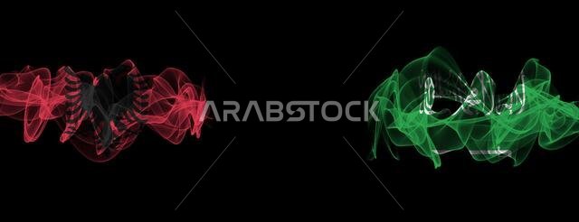 Flags of Albania and Saudi Arabia on Black background, Albania vs Saudi Arabia Smoke Flags