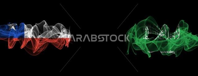 Flags of Chile and Saudi Arabia on Black background, Chile vs Saudi Arabia Smoke Flags