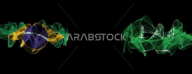 Flags of Brazil and Saudi Arabia on Black background, Brazil vs Saudi Arabia Smoke Flags