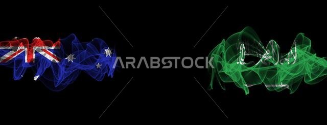 Flags of Australia and Saudi Arabia on Black background, Australia vs Saudi Arabia Smoke Flags
