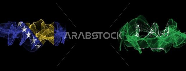 Flags of Bosnia and Herzegovina and Saudi Arabia on Black background, Bosnia and Herzegovina vs Saudi Arabia Smoke Flags