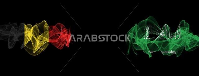 Flags of Belgium and Saudi Arabia on Black background, Belgium vs Saudi Arabia Smoke Flags