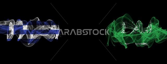 أعلام اليونان والسعودية على خلفية سوداء، اليونان ضد السعودية، أعلام الدخان